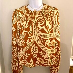 Joie Brown and White Graphic Long Sleeve Silky Blouse